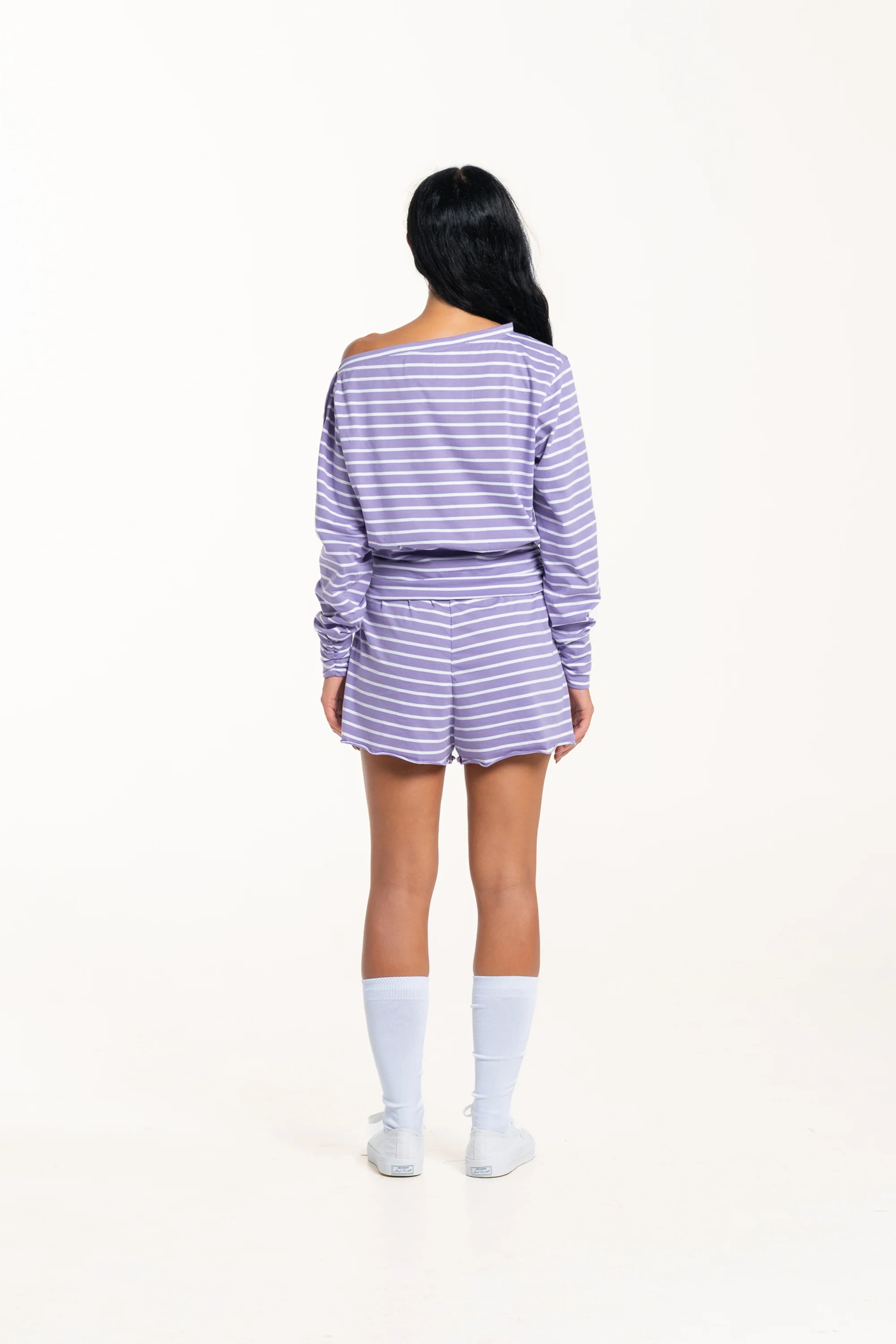 Purple Stripe Ruched Off Shoulder Top - Image 4